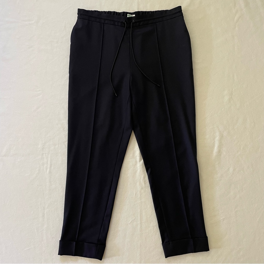 Nwot Kenzo Tapered Flannel Trousers Navy Drawstring Pleated Pants Size 8